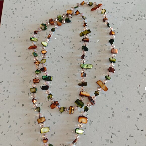 Jewelry - Boho Layered Shell & Beaded Long Necklace - Multi-Color Earth Tones
